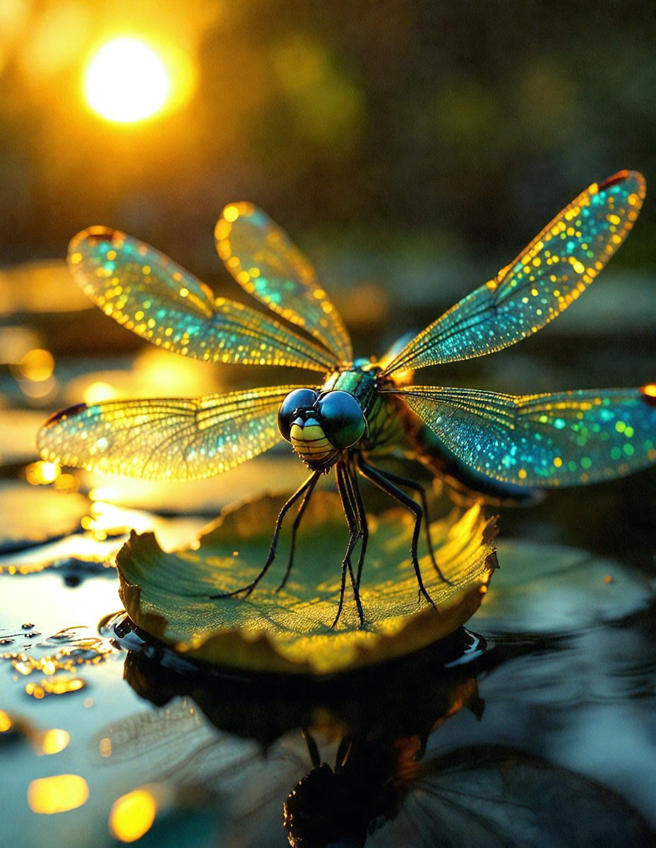 The primary subject of the image is a dragonfly perched on a leaf in a body of water. The dragonfly is green and blue in color, and it appears to be looking at the camera. The setting is a body of water, with the dragonfly sitting on a leaf floating on the surface. The visual style of the image is a close-up of the dragonfly, showcasing its vibrant colors and intricate details. The overall atmosphere of the image is serene and peaceful, as the dragonfly rests in its natural habitat.